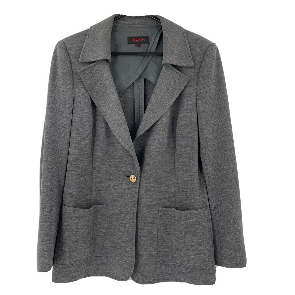 Escada Blazer Jacket Womens 42 Gray Wool Cashmere One Button